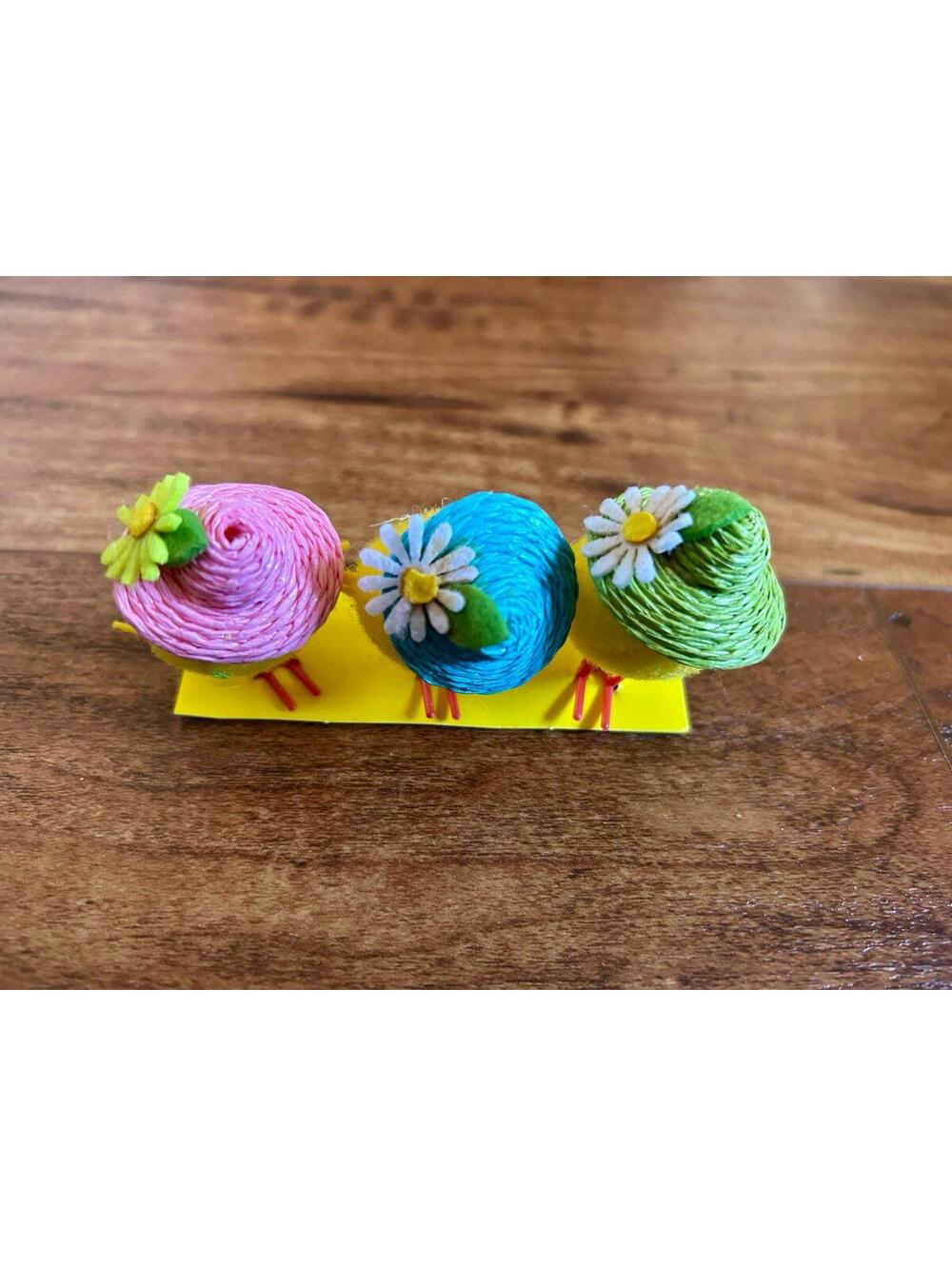 Set of 3 Pom Pom Chenille-like Easter Chicks with Easter Bonnets - Picture 2 of 2